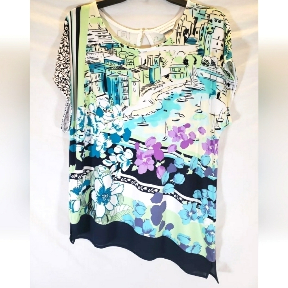 Christopher & Banks Short Sleeve Scenic Floral Print Shirt Sz L